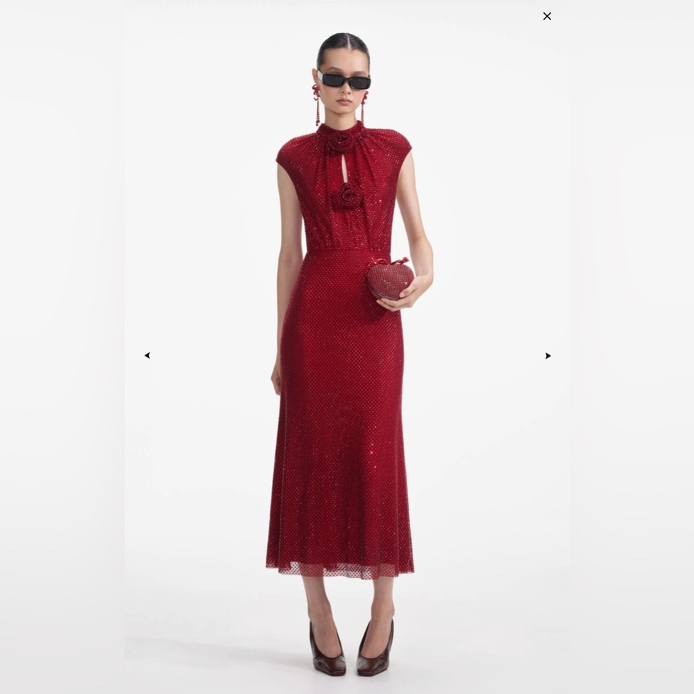 Self-Portrait Red Rhinestone Fishnet Midi Dress